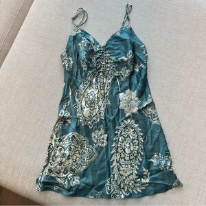 Zara Satin Effect Paisley Teal and Cream Mini Dress